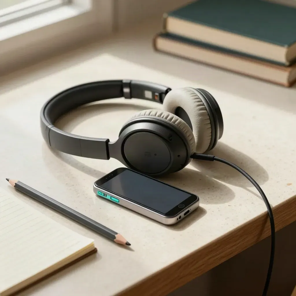 Headphones, audio player, pencil and notepad on travertine in a study scene.