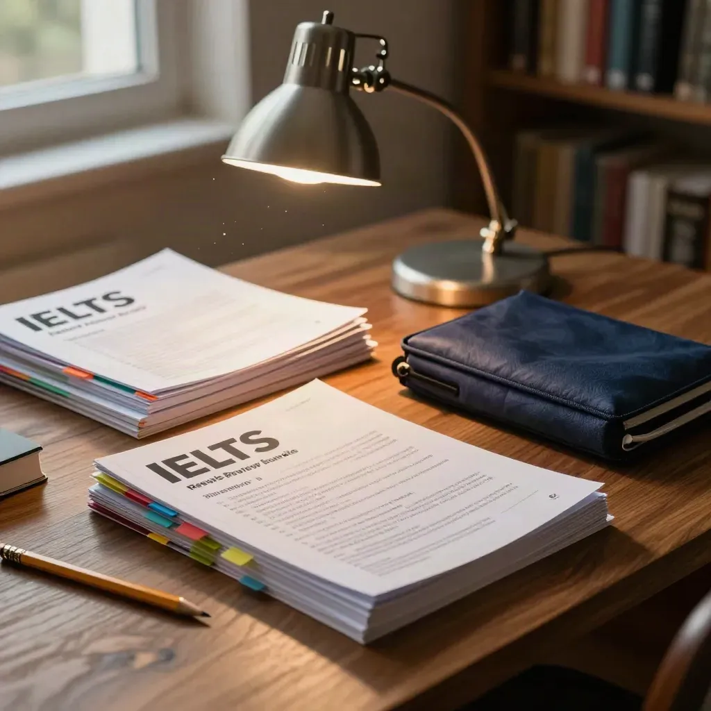 IELTS study materials with tabs and lamp on a warm desk in soft evening light.