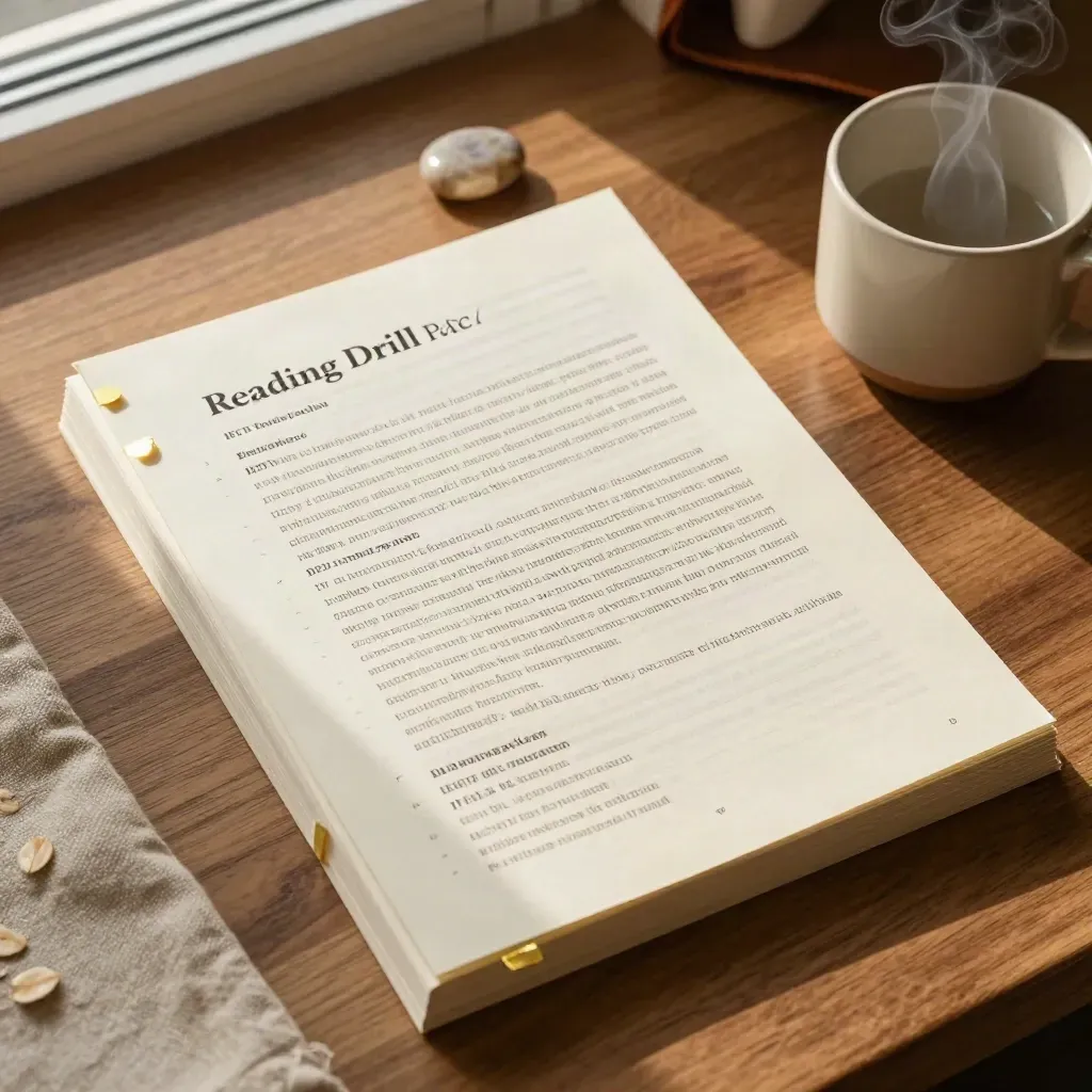 Top-down reading drill pages fanned open beside tabs, paperweight, and steaming cup on warm wood.