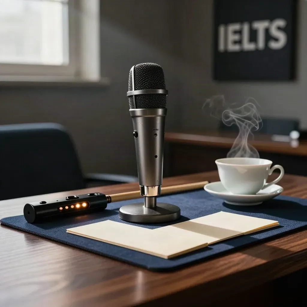 Microphone, cue cards, tea cup and recorder dock in a moody IELTS speaking booth.