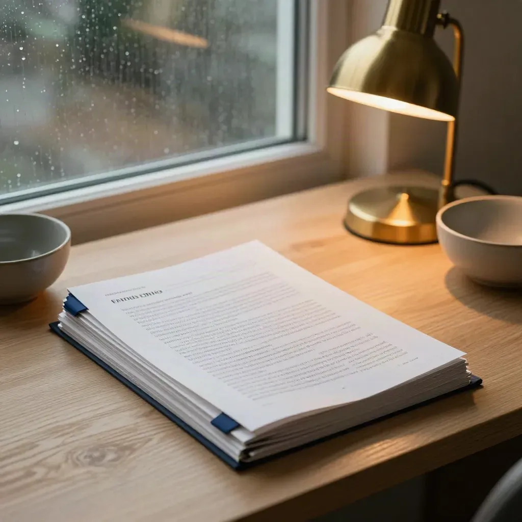 Overhead bedside desk with IELTS writing pages, navy tabs, warm lamp, and a ceramic bowl by rain.