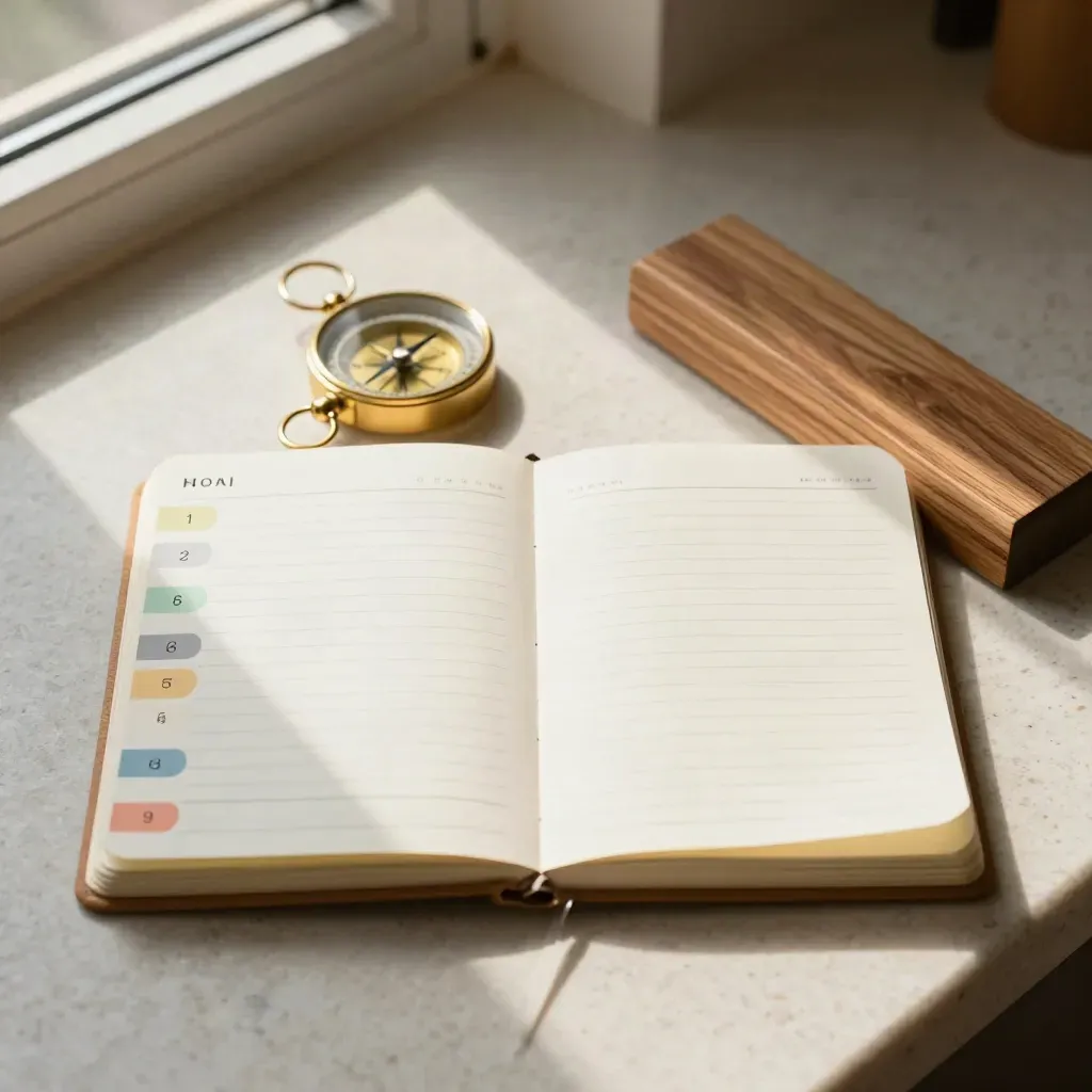 Planner, brass compass, and maple block on travertine in warm window light.