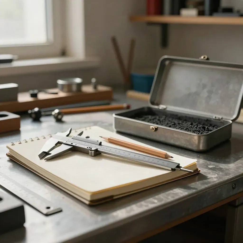 Neat Montreal workbench with calipers, notebook, pencil and metal case in soft workshop light.