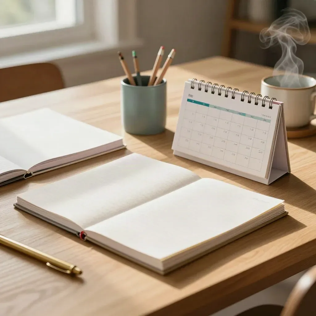 Ottawa dining table with closed planners, pencil cups, calendar block, and morning steam.