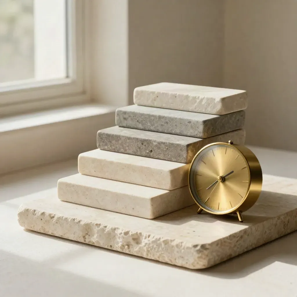 Muted tabs, brass clock and glass token on a stone tray in soft warm light.