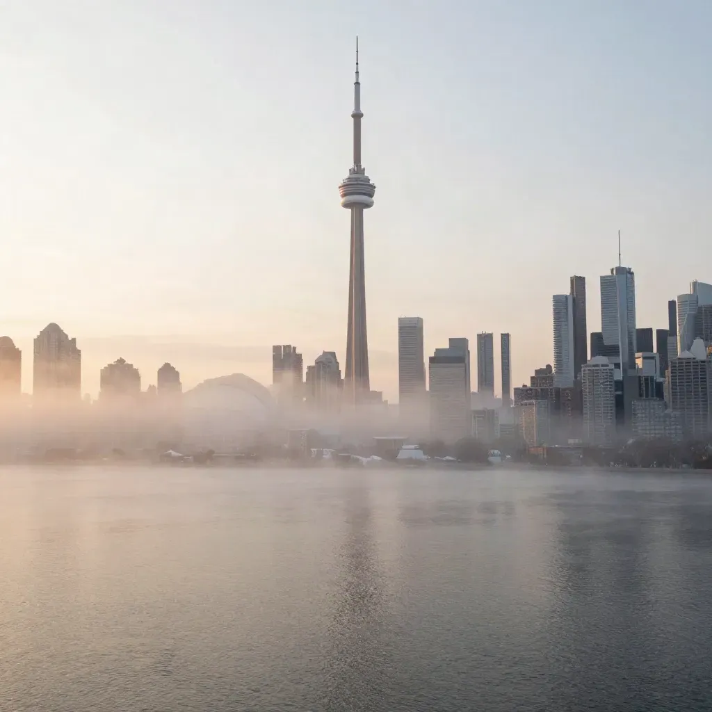 Toronto skyline with the CN Tower above misty lake water at dawn, calm open space below.