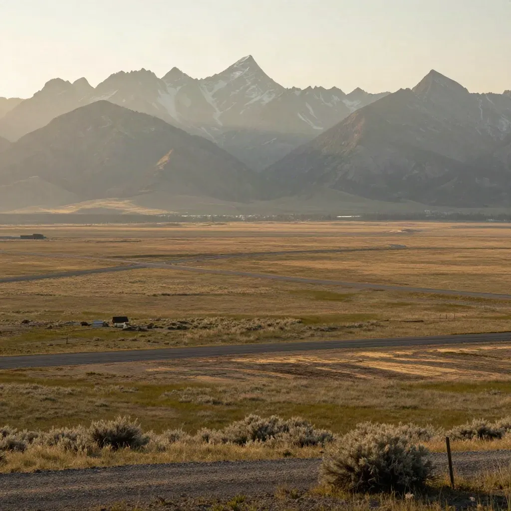 Rocky Mountains above hazy Alberta prairie at golden hour with a distant city edge.